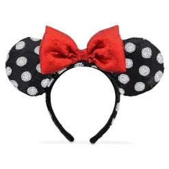 Disney Sequin Black And White Polka Dot Minnie Mouse Ear Headband With Red Bow