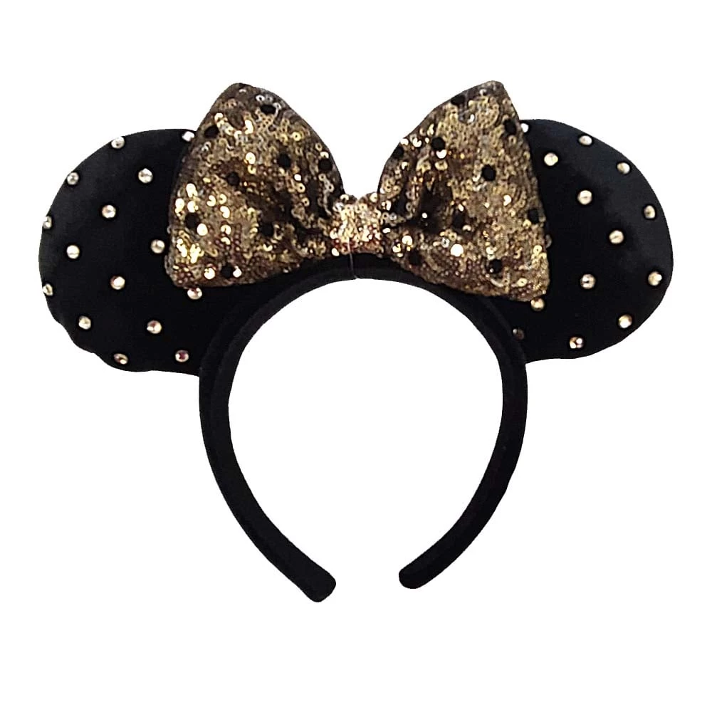 Disney Black Velvet Bronze Gold Sequin Polka Dot Minnie Ear Headband 3 Disney Black Velvet Bronze Gold Sequin Polka Dot Minnie Ear Headband