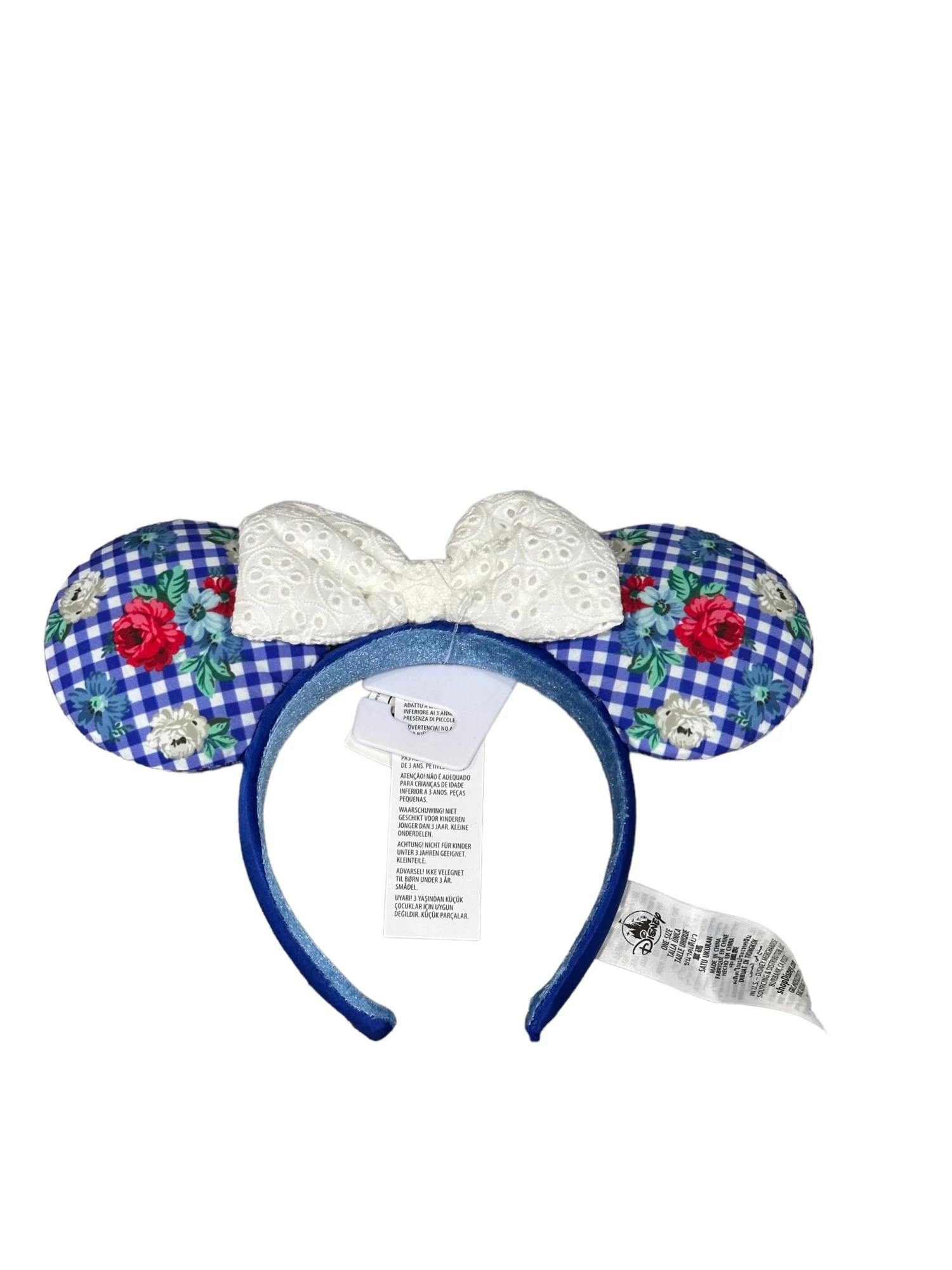 Disney Floral Cottage Blue Gingham Checkered Minnie Ear Headband With White Eyelet Bow 4 Disney Floral Cottage Blue Gingham Checkered Minnie Ear Headband With White Eyelet Bow - Image 2