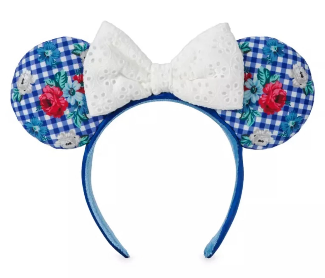 Disney Floral Cottage Blue Gingham Checkered Minnie Ear Headband With White Eyelet Bow 3 Disney Floral Cottage Blue Gingham Checkered Minnie Ear Headband With White Eyelet Bow
